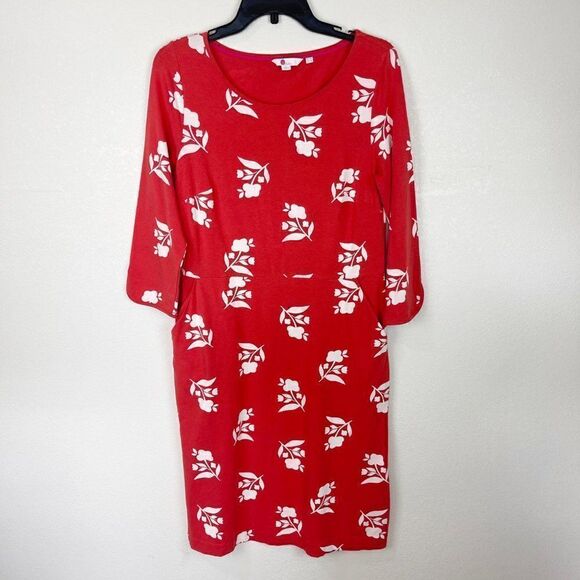 Boden Orange Floral Midi Sleeved Pencil Dress Stretch Size 10 Long - Picture 1 of 8